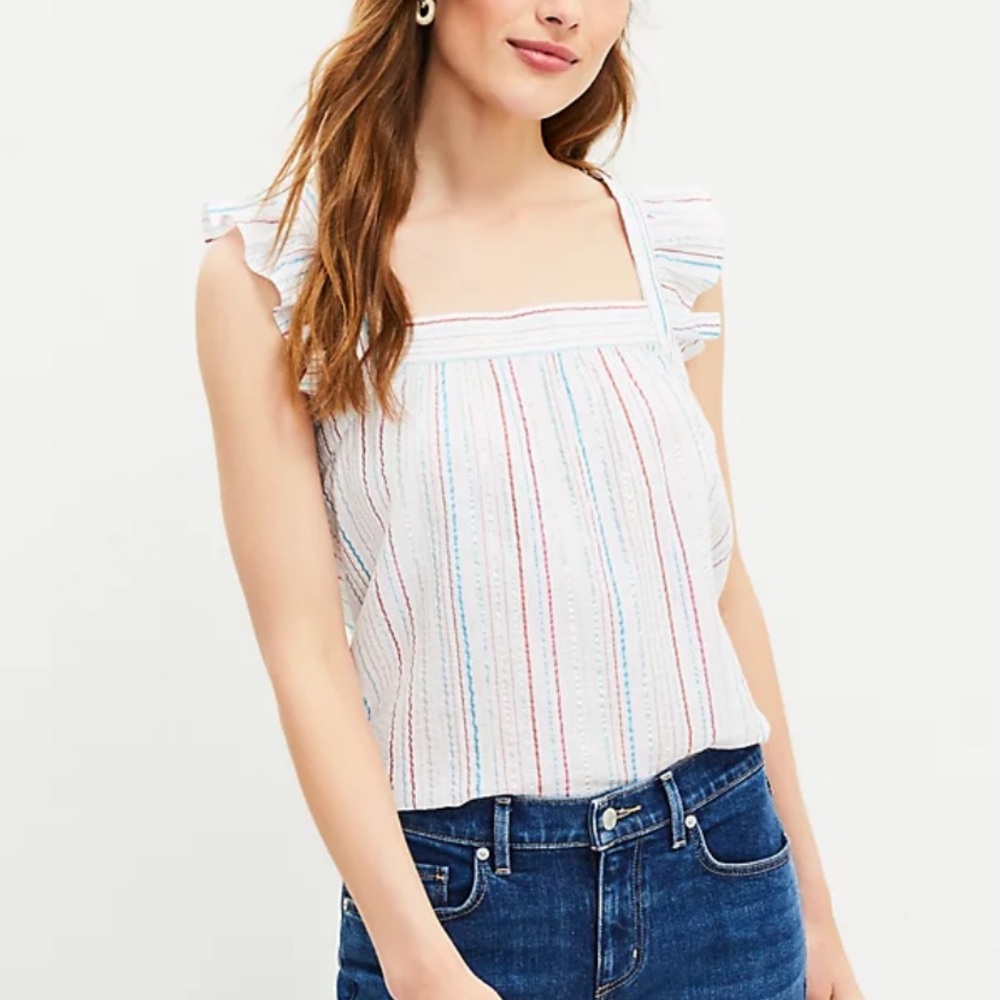 LOFT women’s Shimmer Striped Ruffle Square Neck Top